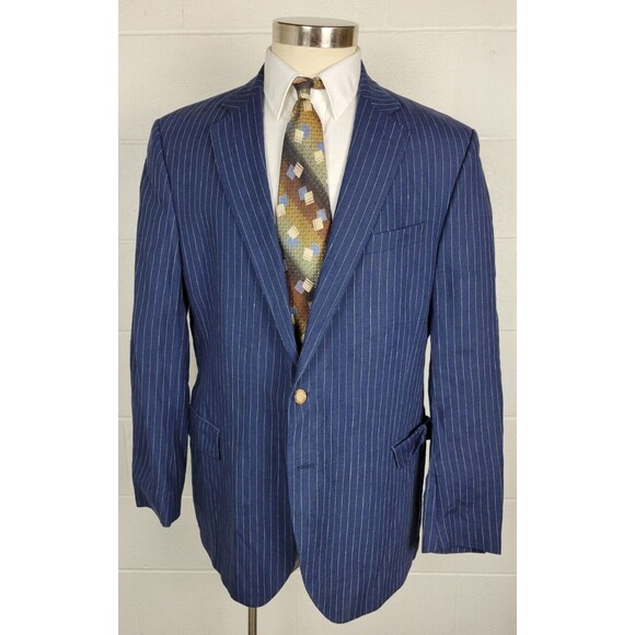 Lands End Mens Blue Linen Pinstripe‎ Sport Coat Jacket 44